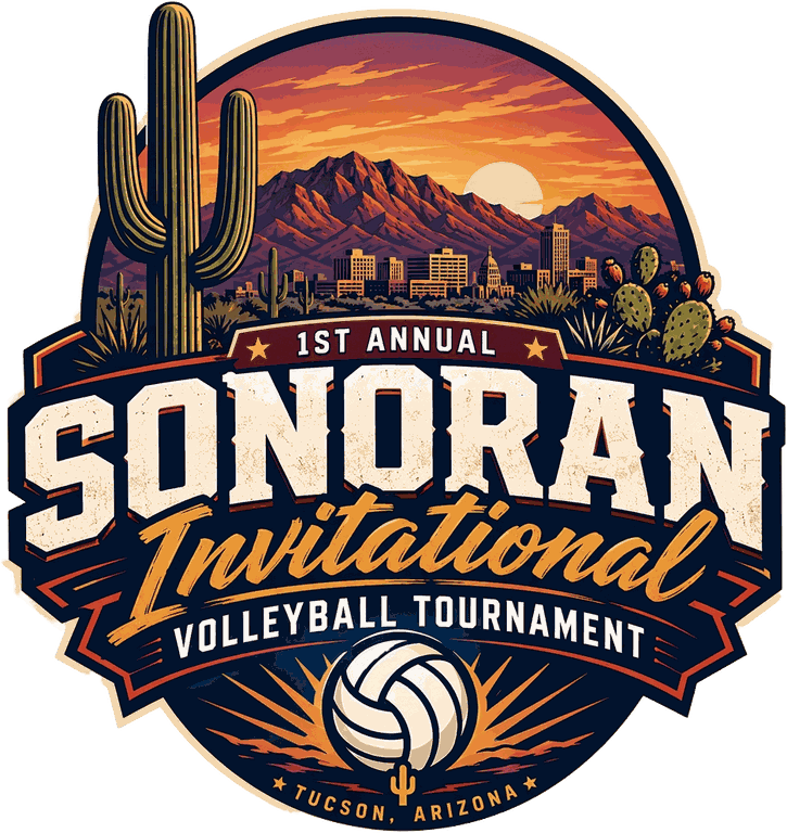 Sonoran Invitational volleyball tournament badge with saguaro cactus and Tucson skyline at sunset